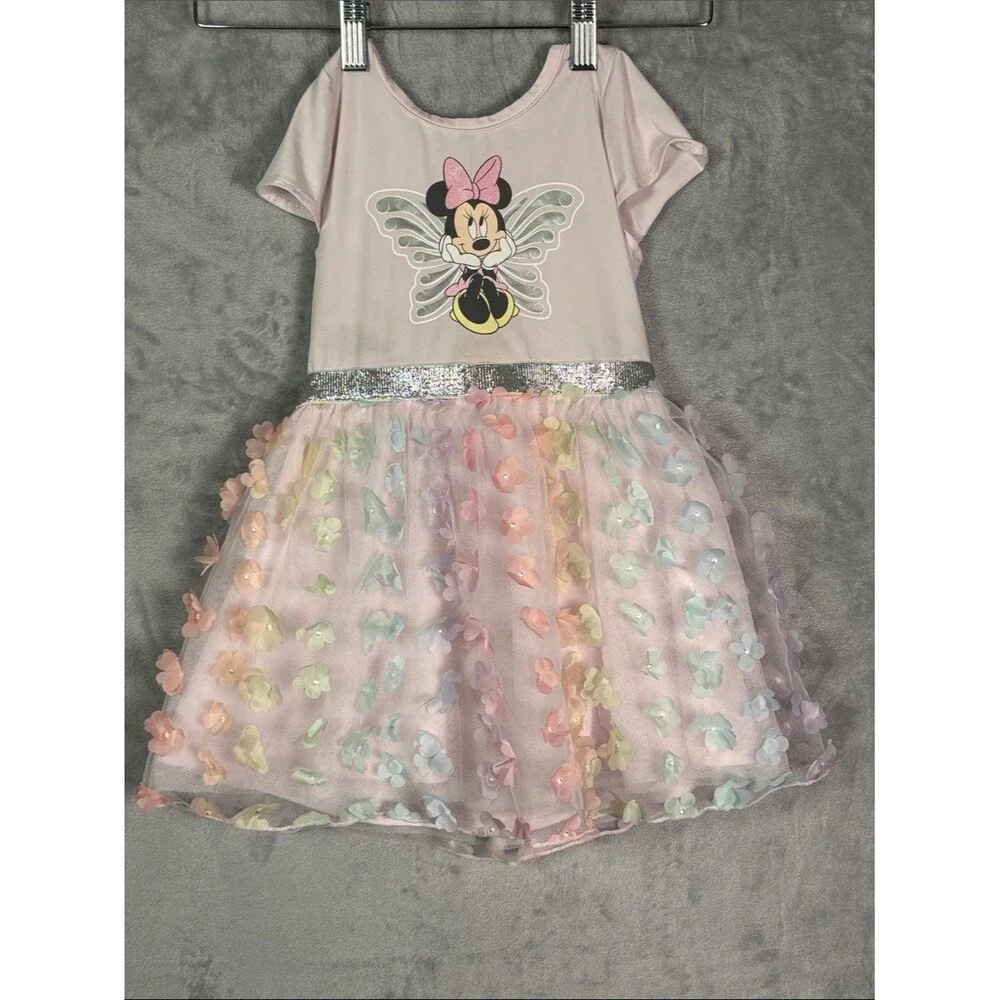 Disney Junior Minnie Mouse Pink Lavender Floral Toile Overlay Dress Size 3T